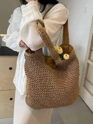 Damen Große Kapazität Stroh Gewebte Tote Tasche Sommer Strandurlaub Schulter Unterarm Tasche Wald Stil Handgemachte Häkeln Handtasche