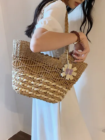 Women Straw Woven Tote Bag Large Capacity Hollow Design With Flower Pendant Handmade Shoulder Bag For Summer Beach Vacation