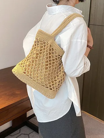 Women Large Capacity Crochet Hollow Woven Tote Bag Cotton Mesh Summer Beach Shoulder Bag With Zipper Closure And Inner Pouch
