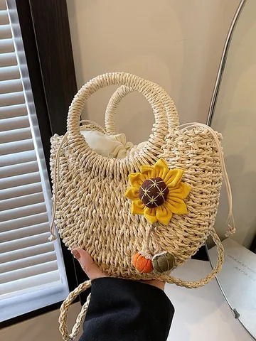 Women's Fresh Straw Woven Handbag With Sunflower Decoration Beach Vacation Shoulder Crossbody Bag Round Pastoral Handwoven Purse