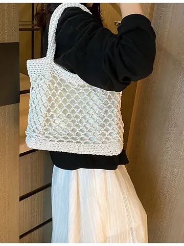 Women Large Capacity Crochet Hollow Woven Tote Bag Cotton Mesh Summer Beach Shoulder Bag With Zipper Closure And Inner Pouch
