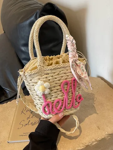 Women's Straw Woven Bucket Bag Handmade Paper Rope Handbag With Scarf Flower Hello For Summer Beach Vacation Crossbody Bag