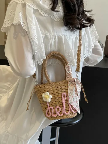 Women's Straw Woven Bucket Bag Handmade Paper Rope Handbag With Scarf Flower Hello For Summer Beach Vacation Crossbody Bag