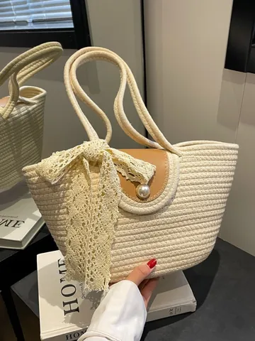 Woven Cotton Rope Tote Bag With Large Pearl Buckle And White Lace Bow Large Capacity Shoulder Bag Women Beach Vacation Handbag