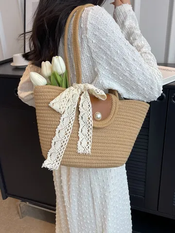 Woven Cotton Rope Tote Bag With Large Pearl Buckle And White Lace Bow Large Capacity Shoulder Bag Women Beach Vacation Handbag