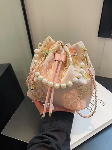 Bolso Bombonera Bordado Nuevo Estilo Chino Mujer Asa Perlas Artificiales Cordón Bolso Bandoulière Satén Estampado Floral Cadena