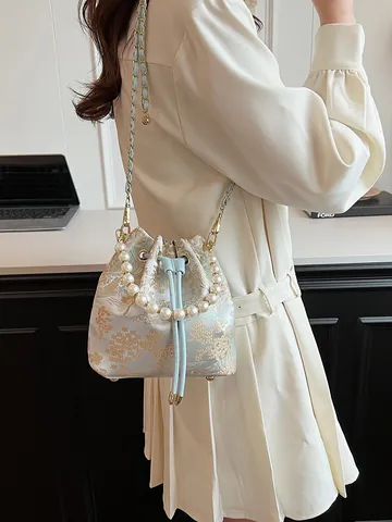 Bolso Bombonera Bordado Nuevo Estilo Chino Mujer Asa Perlas Artificiales Cordón Bolso Bandoulière Satén Estampado Floral Cadena