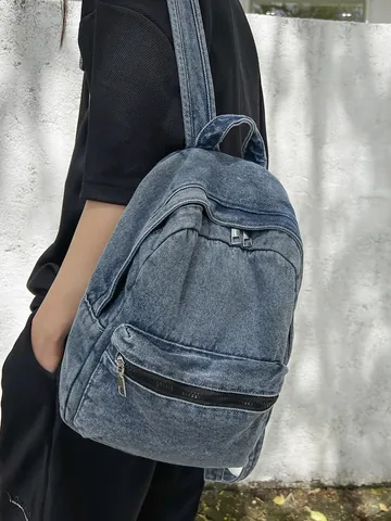 Vintage Washed Denim Backpack For Women Large Capacity Casual Streetwear Student School Bag Solid Color Travel Knapsack