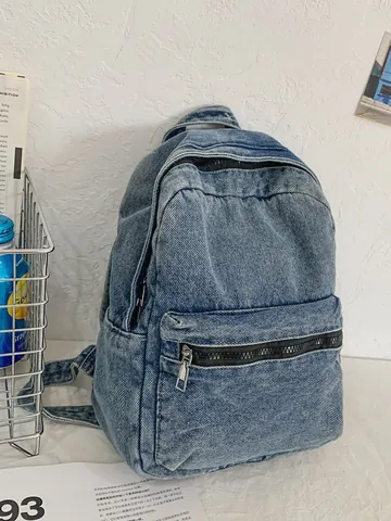 Vintage Washed Denim Backpack For Women Large Capacity Casual Streetwear Student School Bag Solid Color Travel Knapsack