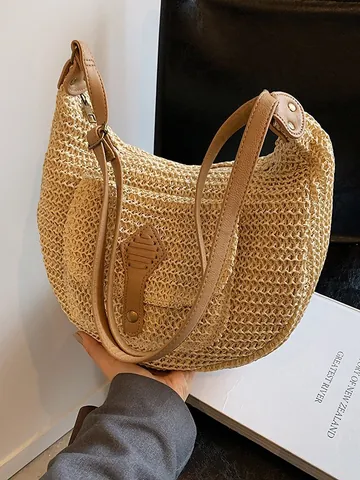 Women's Bohemian Straw Woven Shoulder Bag PU Leather Patchwork Large Capacity Hobo Saddle Bag For Beach Summer Vacation