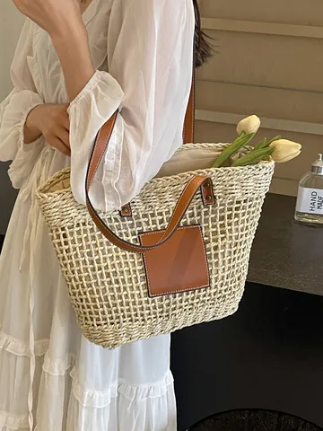 Damen Stroh Gewebte Tragetasche Große Kapazität Minimalistischer Französischer Stil Strand Urlaub Handtasche Mit PU Leder Schultergurten