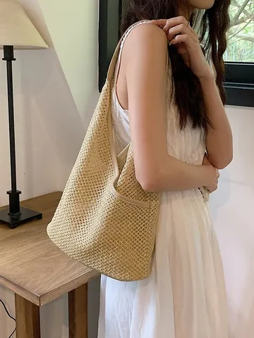 Borsa a Tracolla in Paglia Intrecciata Francese da Donna Grande Capacità Borsa da Spiaggia Vacanze Estive Hobo Bag Stile Bohemien