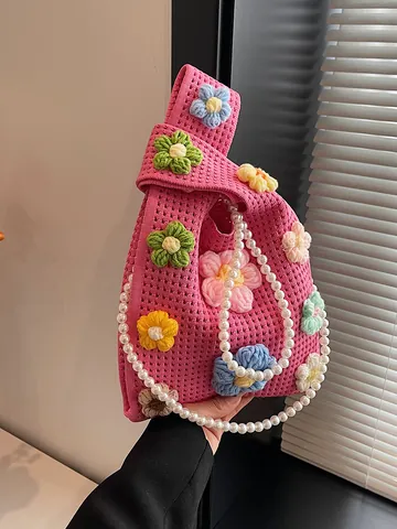 Bolso Cubo de Flores Tejido a Mano Con Cadena de Perlas Artificiales Bolso Bandolera de Ganchillo para Vacaciones Mujer
