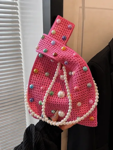 Women Hand Knitted Crochet Handbag With Faux Artificial Pearl Chain Colorful Beaded Shoulder Bag Korean Style Knot Handle Tote Bag