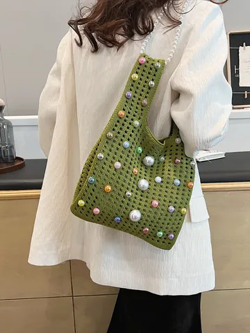 Women Hand Knitted Crochet Handbag With Faux Artificial Pearl Chain Colorful Beaded Shoulder Bag Korean Style Knot Handle Tote Bag
