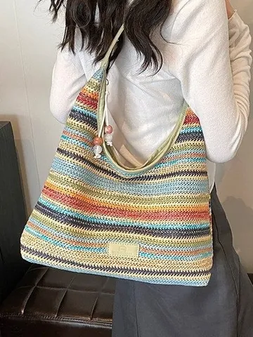 Bohemian Rainbow Striped Woven Tote Bag For Women Large Capacity Straw Shoulder Bag Summer Beach Casual Hobo Handbag
