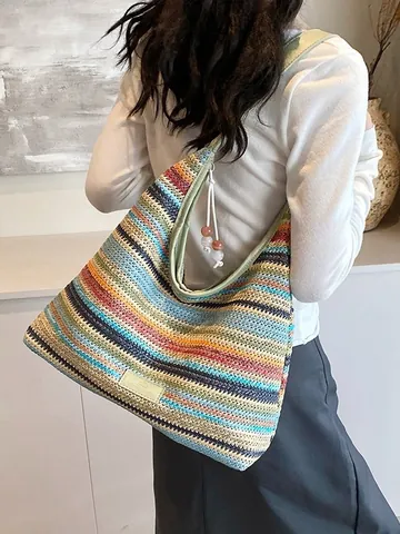 Bohemian Rainbow Striped Woven Tote Bag For Women Large Capacity Straw Shoulder Bag Summer Beach Casual Hobo Handbag