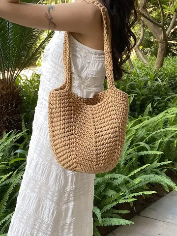 Bohemian Hand-Woven Cotton Rope Tote Bag For Women Summer Beach Bucket Bag Large Capacity Shoulder Bag Vacation Style