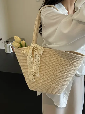 Französische Gewebte Tote Bag Damen Sommer Farbblock Spitze Schleife Strand Handtasche Urlaub Schulter Stroh Seil Tasche Große Kapazität