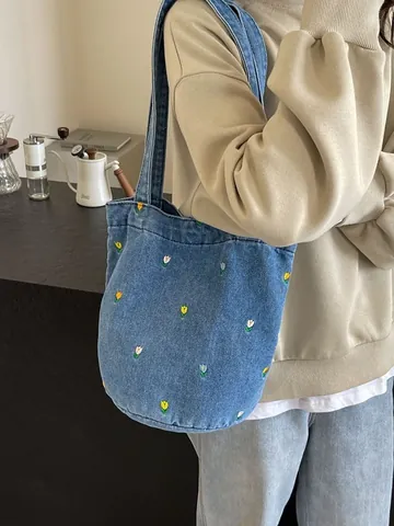 Sac Seau en Denim pour Femmes Avec Broderie Florale de Tulipes Grande Capacité Fourre-Tout Sac à Main à Épaule pour Navettage Quotidien