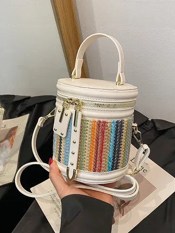 Damen Gewebte Stroh PU Leder Beuteltasche Regenbogen Gestreifte Zylindrische Handtasche Vielseitige Schulter Umhängetasche Mit Nieten Dekor