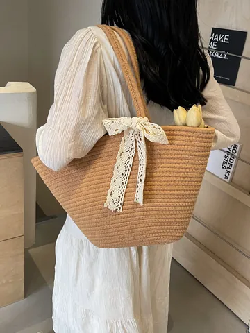 Französische Gewebte Tote Bag Damen Sommer Farbblock Spitze Schleife Strand Handtasche Urlaub Schulter Stroh Seil Tasche Große Kapazität