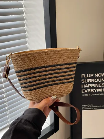 Damen Sommer Gewebte Stroh Umhängetasche Mode Gestreift Mini Eimer Schultertasche Für Strand Urlaub Lässig Täglich Handtasche