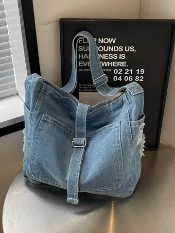 Women Vintage Washed Denim Tote Bag Large Capacity Distressed Jean Shoulder Crossbody Bag With Adjustable Strap Commuting