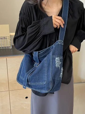 Women Vintage Washed Denim Tote Bag Large Capacity Distressed Jean Shoulder Crossbody Bag With Adjustable Strap Commuting