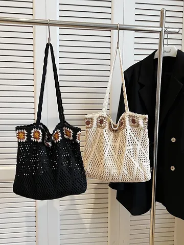 Bolso Tote de Ganchillo Bohemio para Mujer con Patrón de Girasol Bolso de Hombro de Punto Calado Gran Capacidad Vacaciones Diario