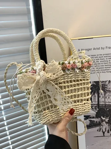 Women Woven Straw Bag With Lace Bow Flower Decor Summer Beach Vacation Crossbody Bucket Bag Top Handle Shoulder Bag