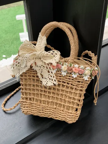 Women Woven Straw Bag With Lace Bow Flower Decor Summer Beach Vacation Crossbody Bucket Bag Top Handle Shoulder Bag