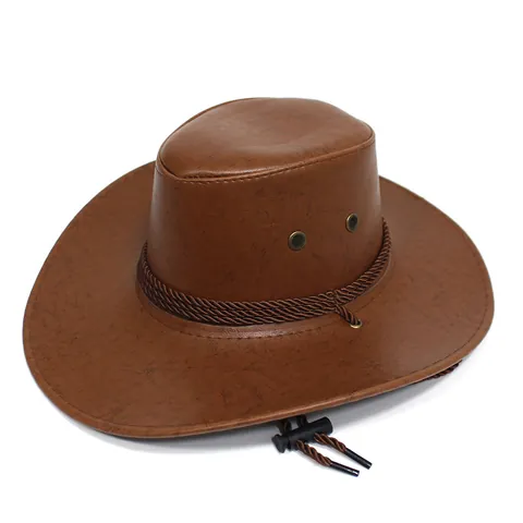 Vintage PU Leather Western Cowboy Hat For Men Women Wide Brim Sun Protection Fedora With Braided Rope And Windproof Strap