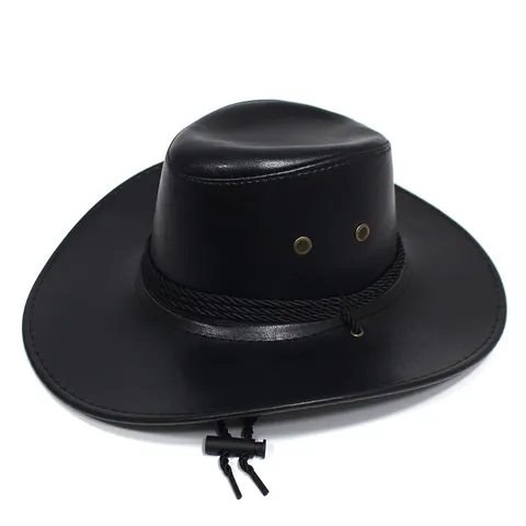 Vintage PU Leather Western Cowboy Hat For Men Women Wide Brim Sun Protection Fedora With Braided Rope And Windproof Strap