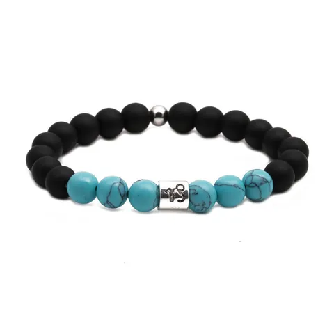 Constellation Bracelet Matte Black Stone Blue Turquoise Alloy Zodiac Sign Elastic Beads Jewelry Gift Couples Men