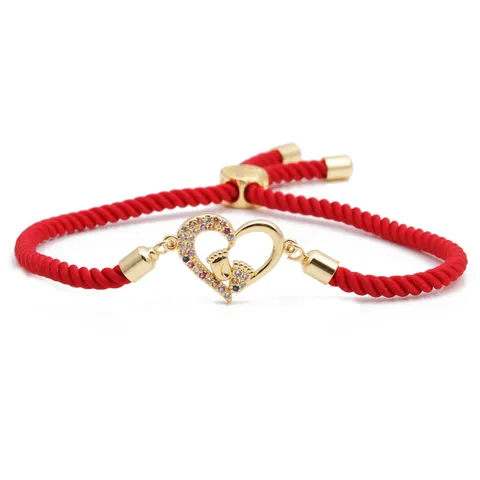 Micro Pave Copper Zirconia Heart Baby Footprint Red String Bracelet Adjustable Lucky Charm Jewelry For Women Mother Anniversary Gift