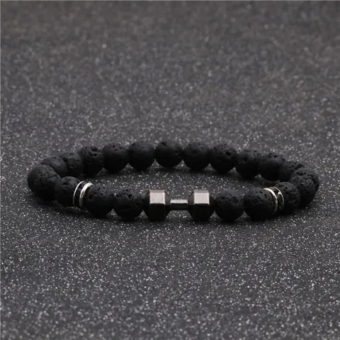 Natural Lava Stone Dumbbell Beaded Bracelet With Engraved Lift Life Motivation Gym Fitness Jewelry For Men Women