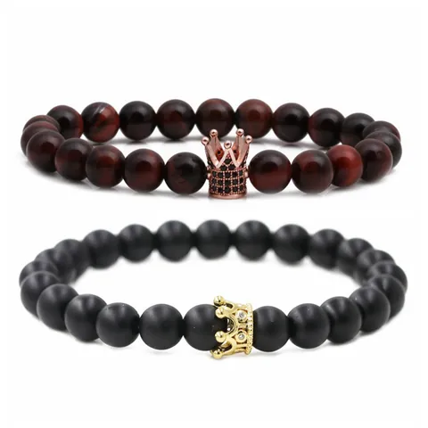 Bracelet de Perles en Pierre Naturelle Avec Couronne en Alliage Zirconium Oeil de Tigre Agate Mate Élastique Bijoux Cadeau Pour Homme Femme