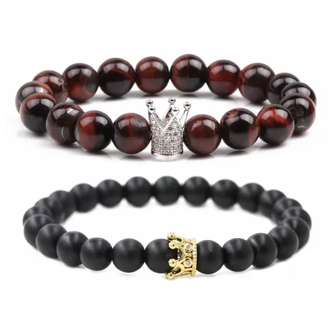 Bracelet de Perles en Pierre Naturelle Avec Couronne en Alliage Zirconium Oeil de Tigre Agate Mate Élastique Bijoux Cadeau Pour Homme Femme