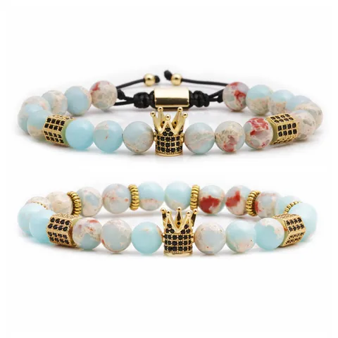 Ensemble de Bracelets Vintage en Pierre Naturelle avec Couronne de Perles pour Hommes Femmes Jaspe Malachite Corde Tressée