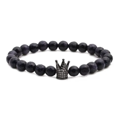 Blauer Sandstein Perlenarmband Kronenanhänger Für Herren Damen Zirkonia Legierung Krone Facettiertes Steinarmband Schmuck