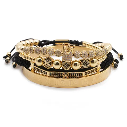 Men Micro Pave Zirconia Crown Skull Braided Bracelet Copper Roman Numeral Open Bangle Hip Hop Punk Fashion Jewelry Gift