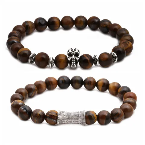 Men Vintage Punk Beaded Stone Bracelet Alloy Skull Charm Rhinestone Bar Tiger Eye Agate Howlite Fashion Jewelry Bracelet