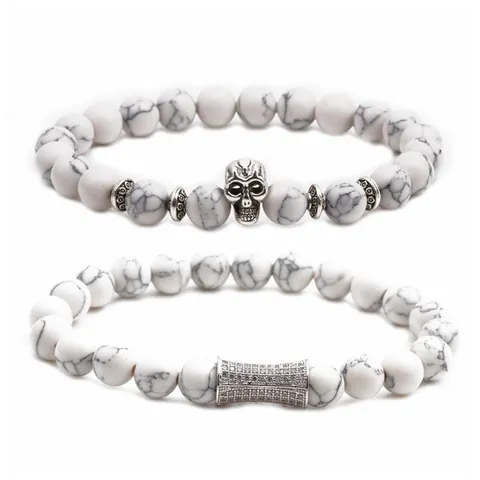 Men Vintage Punk Beaded Stone Bracelet Alloy Skull Charm Rhinestone Bar Tiger Eye Agate Howlite Fashion Jewelry Bracelet