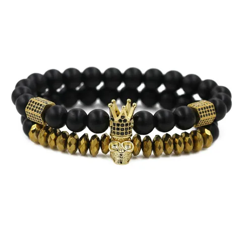 Men Punk Matte Black Stone Skull Crown Beaded Bracelet And Cut Surface Alloy Bracelet Gold Silver Rose Gold Charms Jewelry