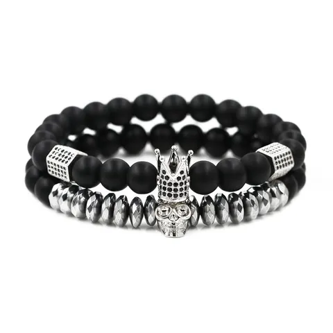 Punk Gothic Natural Stone Beaded Bracelet Set Gold Crown Skull Copper Zirconia Elastic Bracelet For Men Women Couple Jewelry