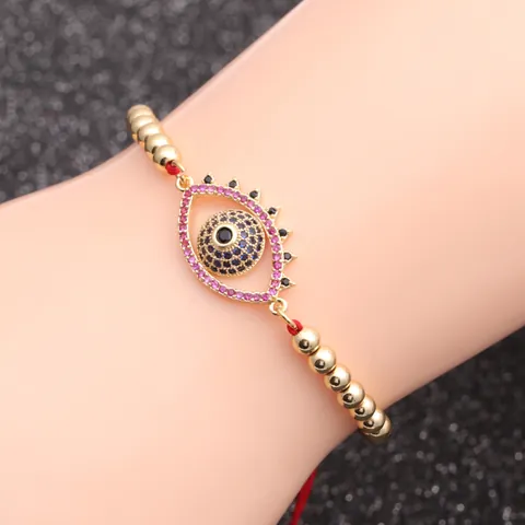 Bracelet Mauvais Œil pour Femmes Hommes Réglable Corde Tressée Rouge Perles en Cuivre Plaqué Or Zircone Charme de Chance Turc Bijoux de Mode