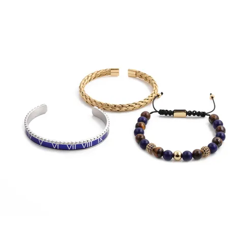 Ensemble de Bracelets Joncs Réglables en Acier Inoxydable avec Chiffres Romains pour Hommes et Bracelets en Perles d'Oeil de Tigre et Couronne
