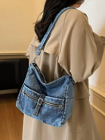 Borsa Hobo in Denim Lavato Vintage Grande Capacità Tracolla Con Tasche Multiple Tote Retro Casual per Tutti i Giorni
