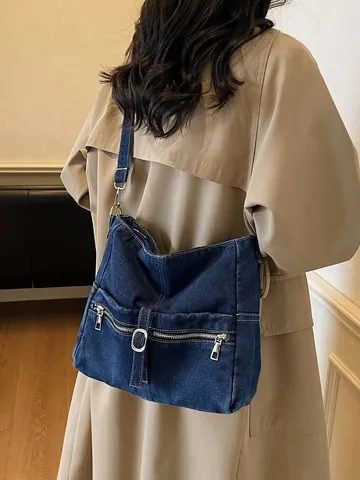Borsa Hobo in Denim Lavato Vintage Grande Capacità Tracolla Con Tasche Multiple Tote Retro Casual per Tutti i Giorni